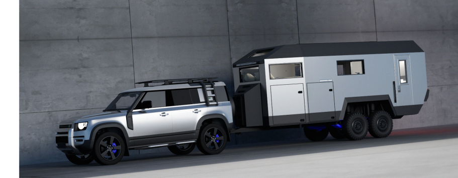 Seitliche Ansicht eines Landrovers mit EDGE Explorer Expeditions-Anhänger