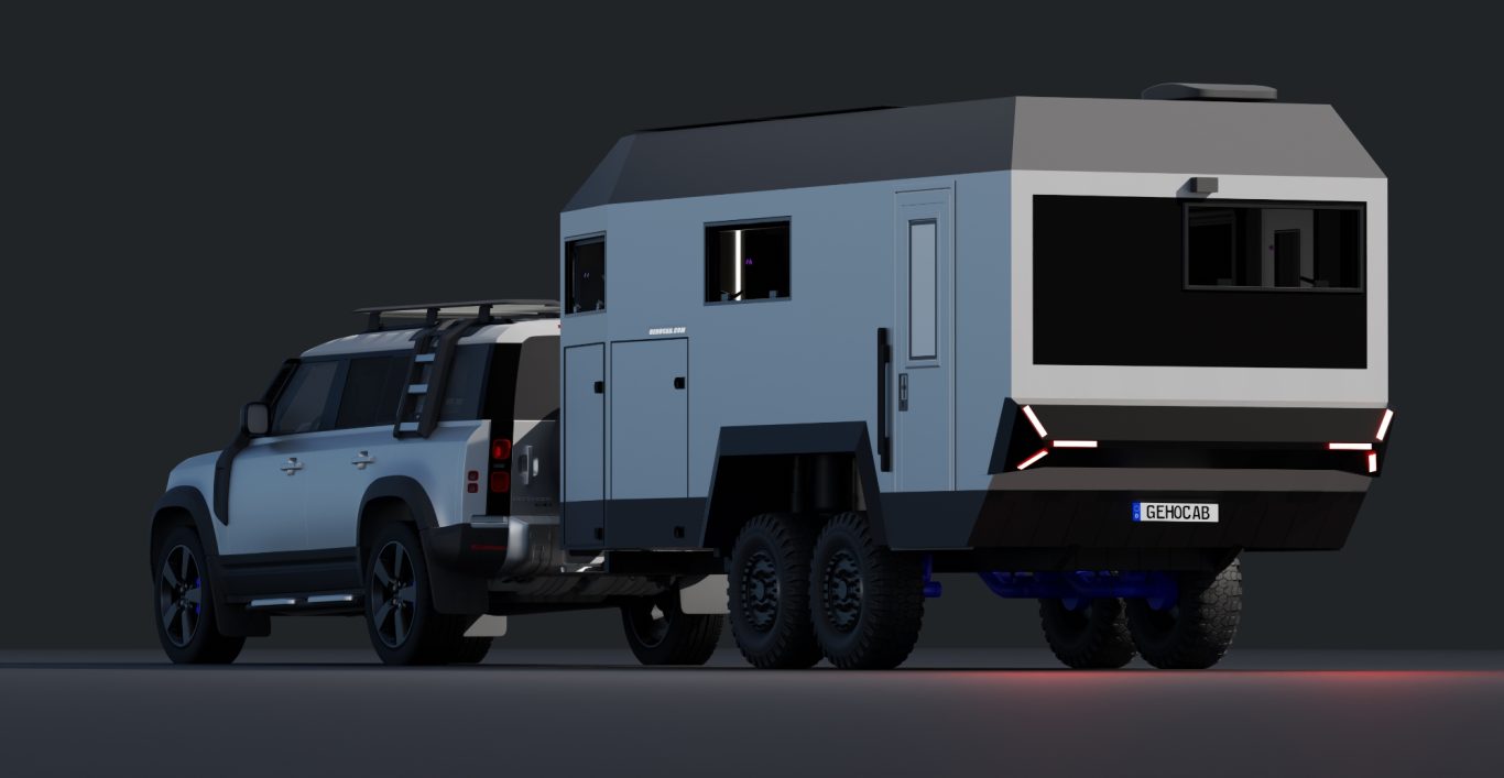 EDGE Explorer Offroad Expeditionsanhänger hinter Land Rover Defender, Ansicht von schräg hinten